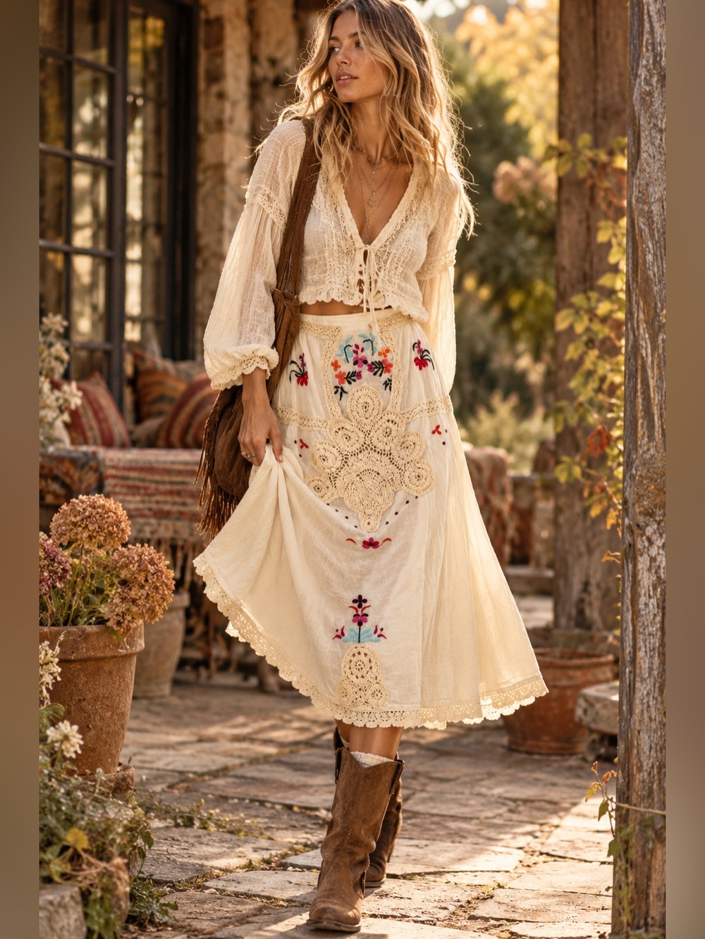Vintage Free People Stunning Cream Embroidered Crochet A-Line Midi Skirt Size 6